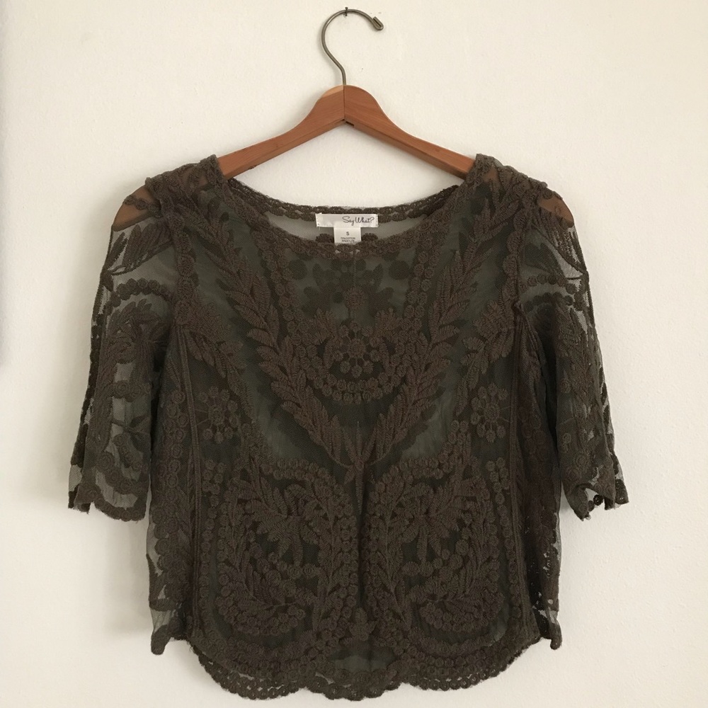 SAY WHAT? sheer lace embroidered top